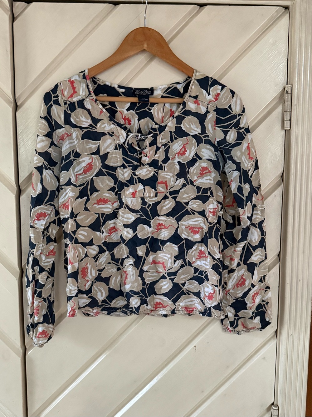 Lucky Brand Navy Floral Tie-Neck Blouse with Cream and Pink Accents